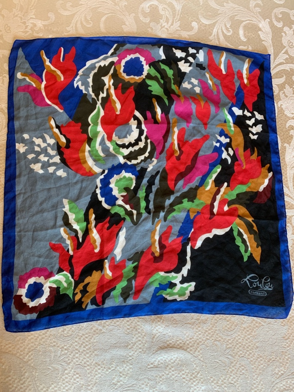 Lou Lou Cacharel Multicolor Floral Silk Scarf - Blue Border